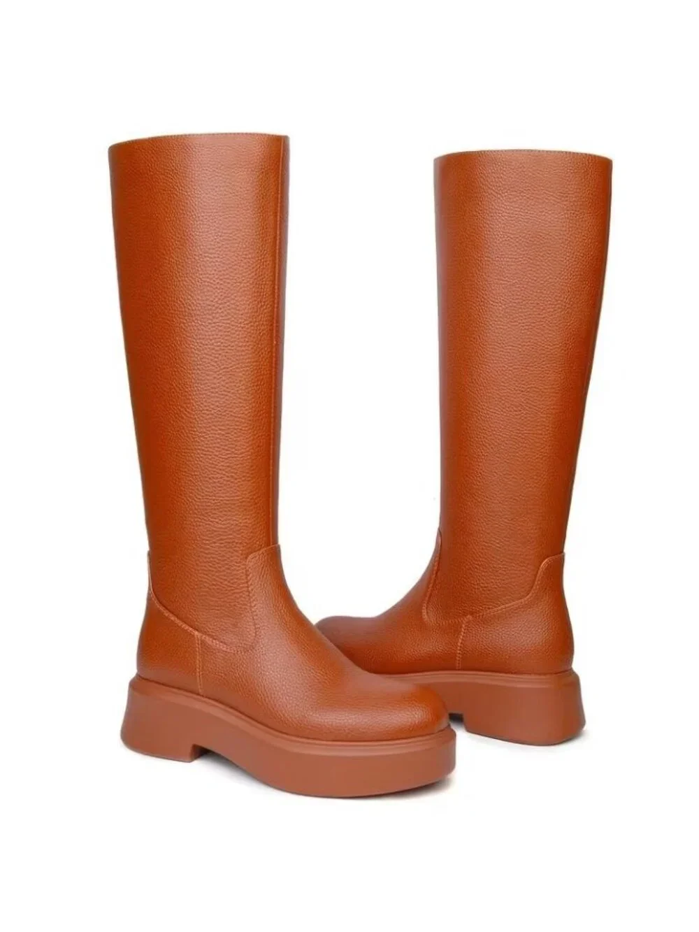 BeeLg Size 8 Boots Brown PU Leather Knee-High Chunky Rugged Rubber Sole